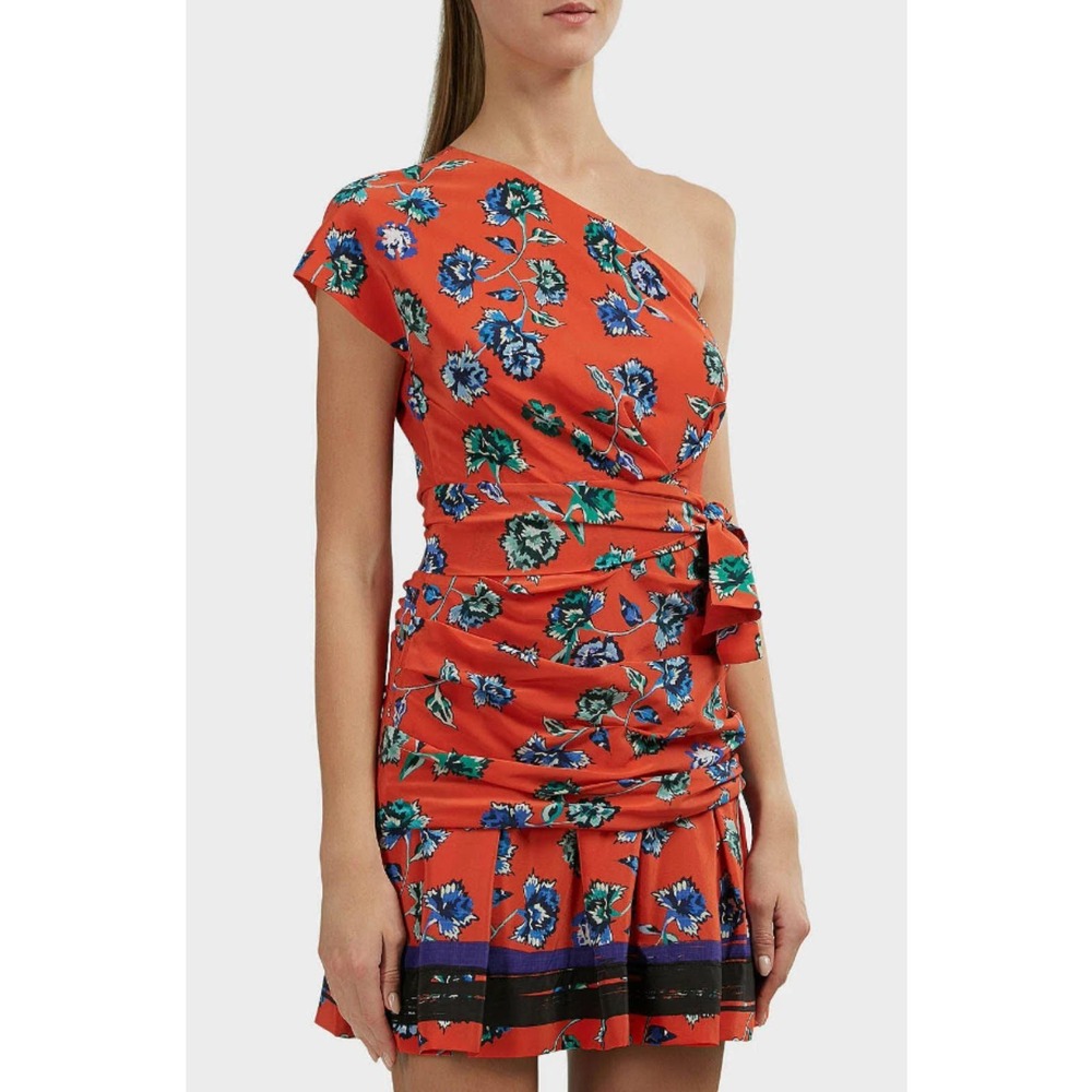 Derek Lam 10 Crosby Dress Womens 6 Orange Silk Floral One Shoulder Ruched Mini